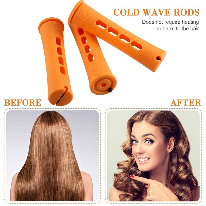 Chuangdi 24 Pcs Hair Perm Rods Plastic Cold Wave Perming Curlers Hair Rollers with Steel Pintail Comb Rat Tail Comb Tools for Hairdressing Styling(Orange,0.87inches)