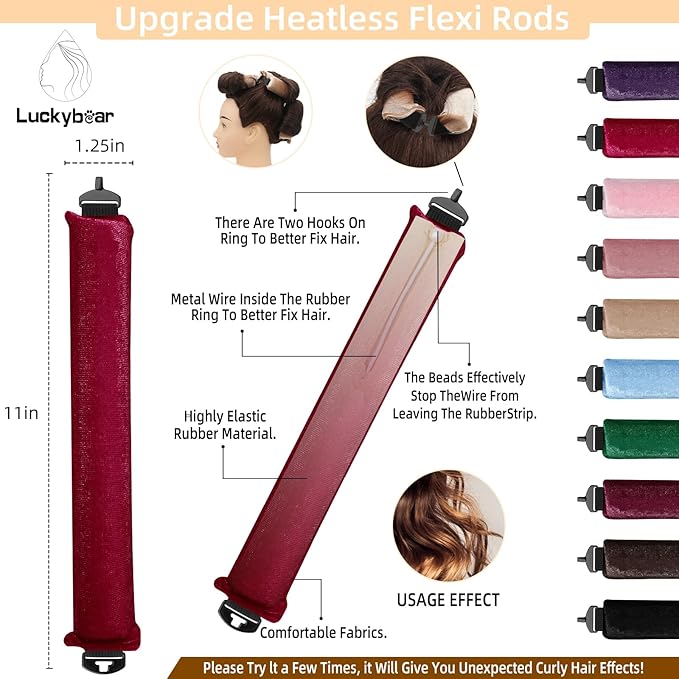 Overnight Heatless Hair Curler Satin Flexi Rods for Heatless Overnight Jumbo Curls, No-Heat Styling Tools for All Hair Types, 3pcs Red