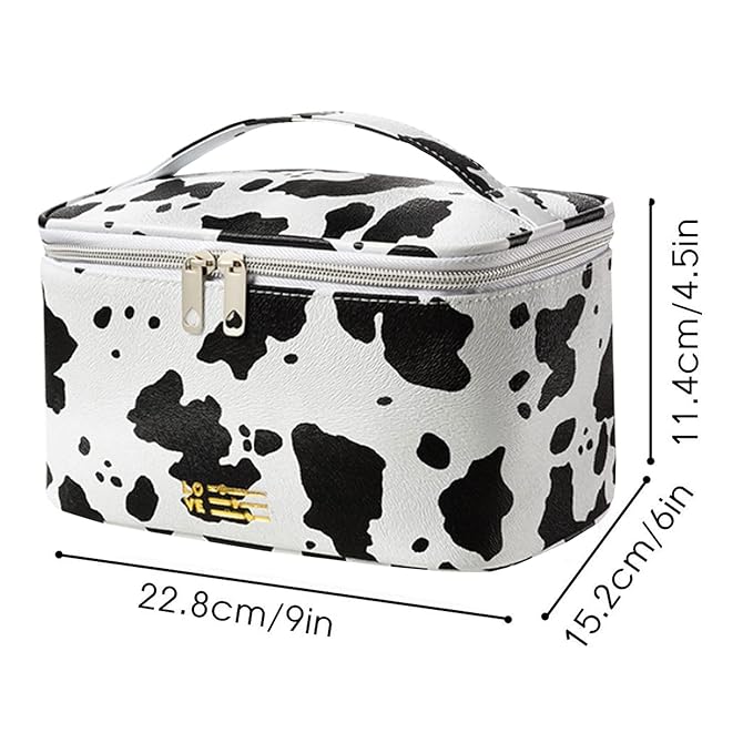 Travel Makeup Bag for Women, PU Leather Cosmetic Case, Cute Cow Printed