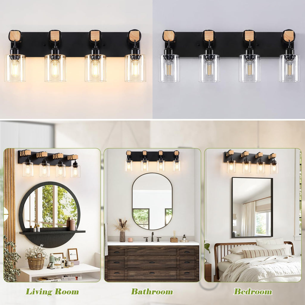 Licperron 4-Lights Farmhouse Vanity Lights for Bathroom, Matte Black Bathroom Light Fixtures with Clear Glass Shade, Rustic Wood Wall Lighting Fixtures Over Mirror for Bedroom, Living Room, Hallway