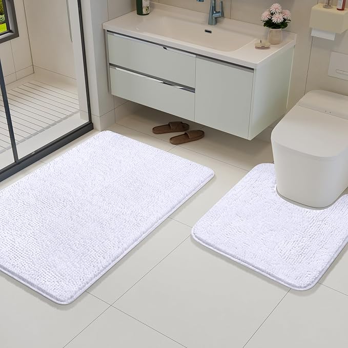 AROGAN Bathroom Rug Sets 2 Piece, 20"x20" U-Shaped Toilet Mat and 21"×34" Bath Mats Floor Set, Machine Washable Bath Rug, Absorbent and Dry Quickly, Soft Non Slip Bathroom Rug Set, White