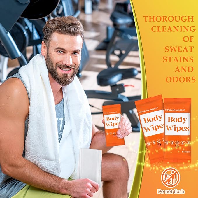 Threlaco 300 Pcs 60 Pack Body Wipes for Adults Bathing No Rinse Individually Wrapped Shower Wipes Washcloth with Aloe Cleansing Body Wash Cloths Disposable Bulk Deodorant Homeless(Orange Background)