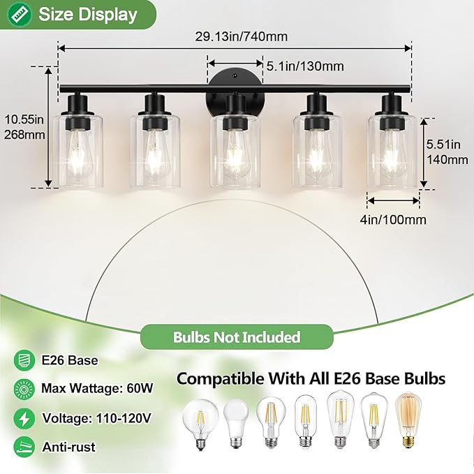 Zarbitta 5-Light Bathroom Light Fixtures, Black Modern Vanity Lights with Clear Glass Shade, Bathroom Wall Lamp for Mirror Kitchen Living Room Hallway Cabinet Porch