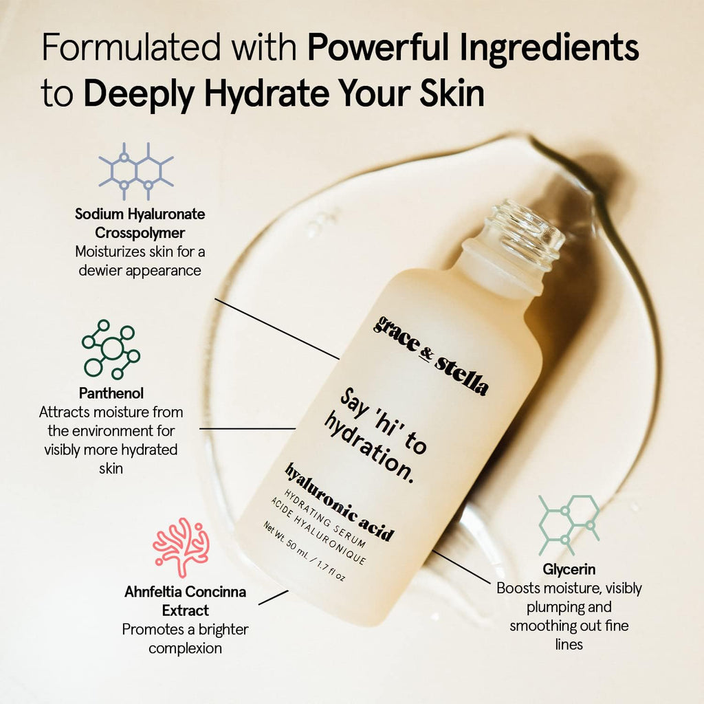 grace & stella Award Winning Hyaluronic Acid Serum (10ml/0.34 fl oz) Hyaluronic Acid Serum for Face - Acido Hialuronico Face Serums for Women - Hydrating, Remove Fine Lines, Wrinkles - Anti Aging