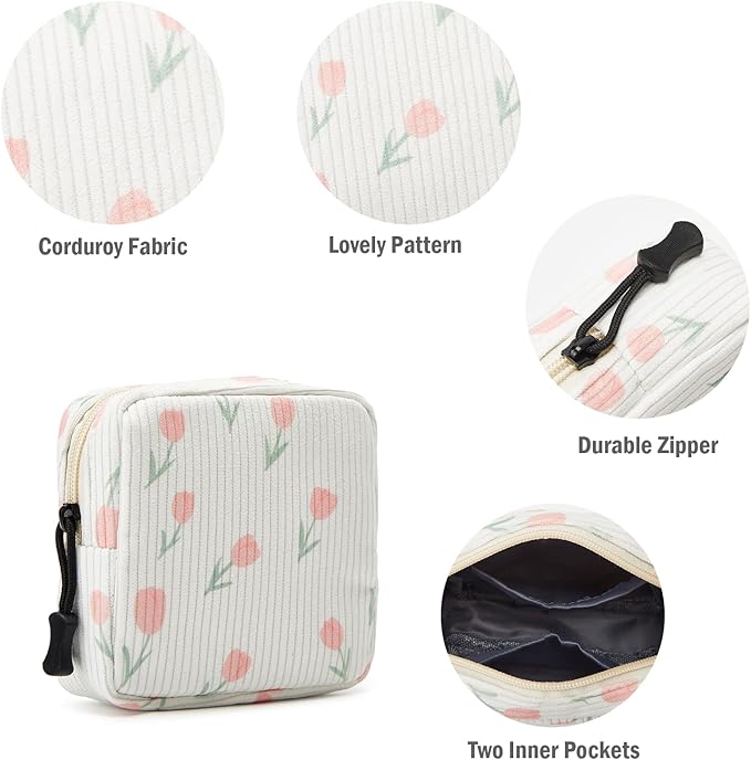 ZOEMTIU Small Makeup Bag for Purse,Mini Cosmetics Bag cute Zipper corduroy Cosmetic Pouch Storage Pouch Travel Toiletry Organizer for Women Girls(Tulip White)