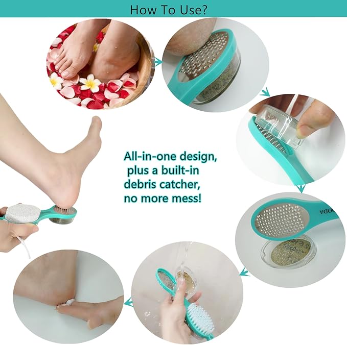 YIOYOODA Foot File Callus Remover 5-in-1, 2 Pcs Feet Scraper Pedicure Tools with Pumice Stone, Scrubber Brush, Stainless Steel Foot Rasp and Sand Paper Debris Catcher, Multi Purpose, Pink Cyan