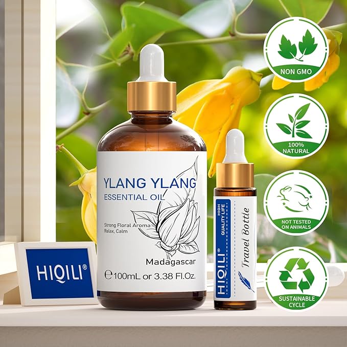 HIQILI Ylang-Ylang Essential Oil for Diffuser, Perfumes, Aromatherapy