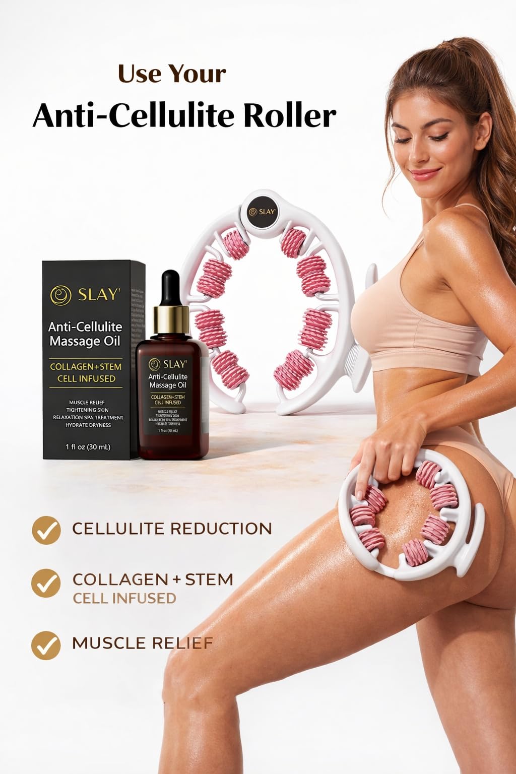 SLAY' Anti Cellulite Massage Roller & Body Oil Bundle, Lymphatic Drainage Roller, Cellulite Remover for Legs and Arms, Deep Tissue Massage Relief, Self Care Gifts, Womans Gifts