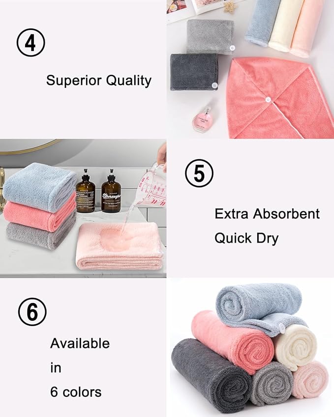 Bath Pre Dry Hair Towel 4-Piece Set Quick Dry Extra Absorbent Lightweight Turban with Button Hair Drying Wrap Bathroom Girl Friend Family Mom Gift