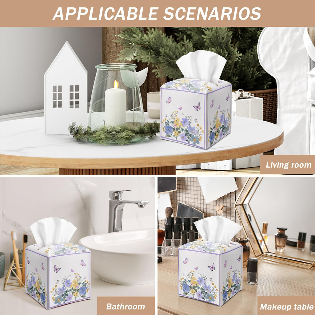 Butterfly Purple Floral Tissue Box Cover Square with Bottom Belt, Leather Waterproof Tissue Holder Facial Paper Case for Tabletop Home Office Bathroom Car Decor -08