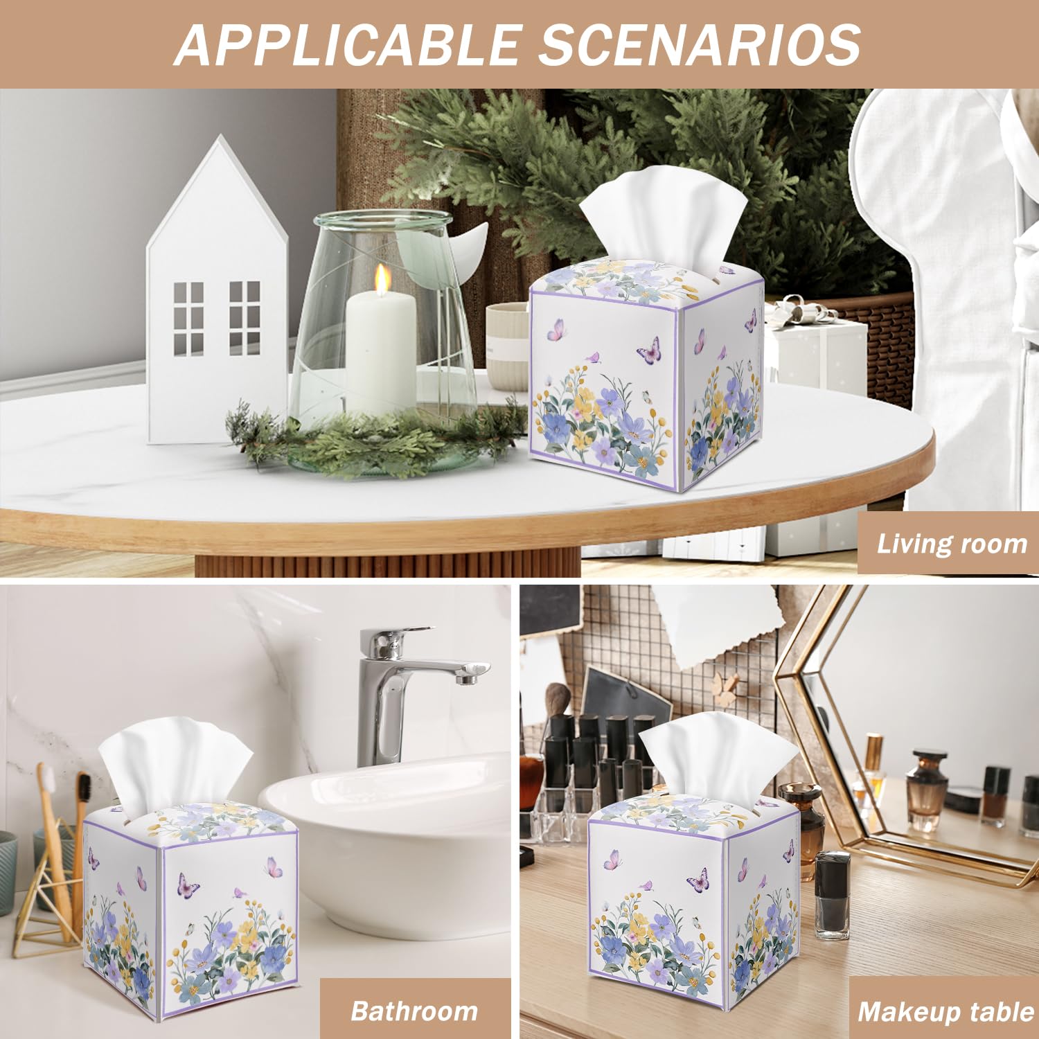 Butterfly Purple Floral Tissue Box Cover Square with Bottom Belt, Leather Waterproof Tissue Holder Facial Paper Case for Tabletop Home Office Bathroom Car Decor -08