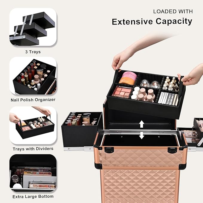 Stagiant Rolling Makeup Train Case Cosmetology Case on Wheels Travel Cosmetic Suitcase Trolley Makeup Luggage Storage Box 4 Tray with Lock Middle Layer Salon Nail Tech Cart Traveling Tattoo Case
