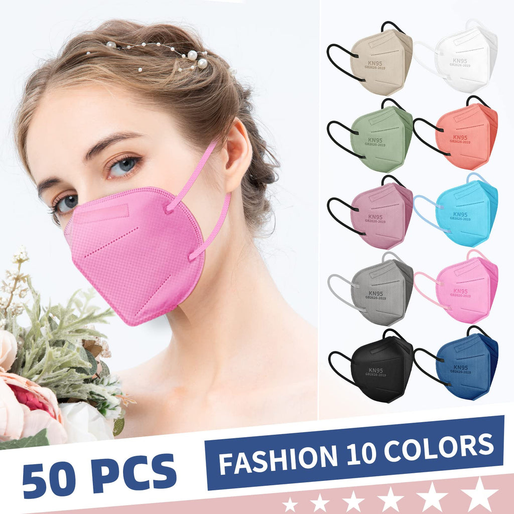 FENFEN KN95 Face Masks for Adults, 50 Pack 10 Colors Disposable KN95 Masks, 5 Layer Breathable Individually Wrapped Face Masks with Designs, Filter Efficiency 95%