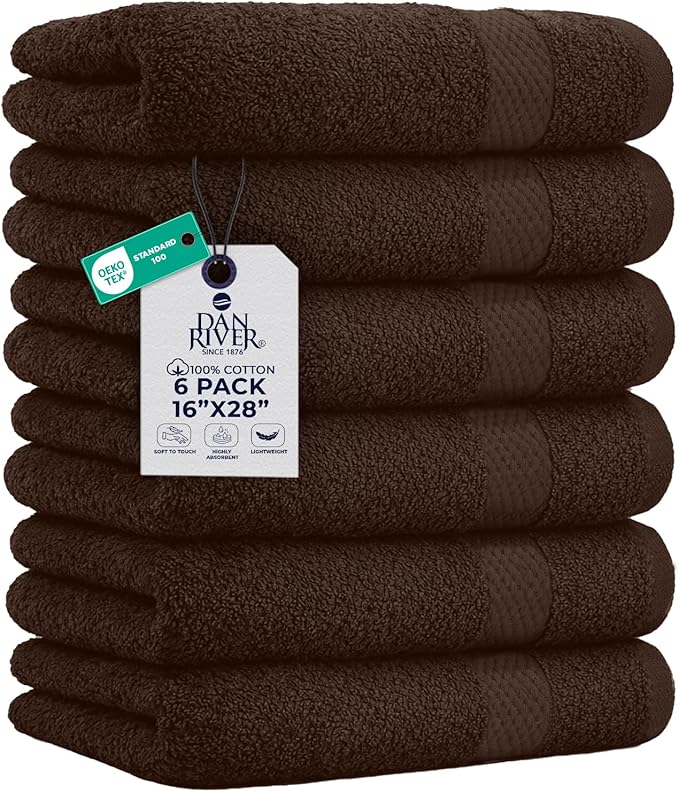 DAN RIVER 6-Pack Premium Hand Towels (16x28 Inches) - 100% Cotton, Ultra Soft, Lightweight, Highly Absorbent Towels for Bathroom, Spa, Gym, Salon, Hotel, and Travel - Brown