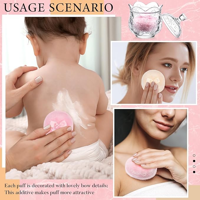 Tioncy 3 Pcs Large Body Powder Puff and Container Valentine's Day gift Powder Container with Puff Crystal Case Soft Washable Reusable Velour Face Body Glitter Wet Dry Makeup(Floral Embossed,Clear)