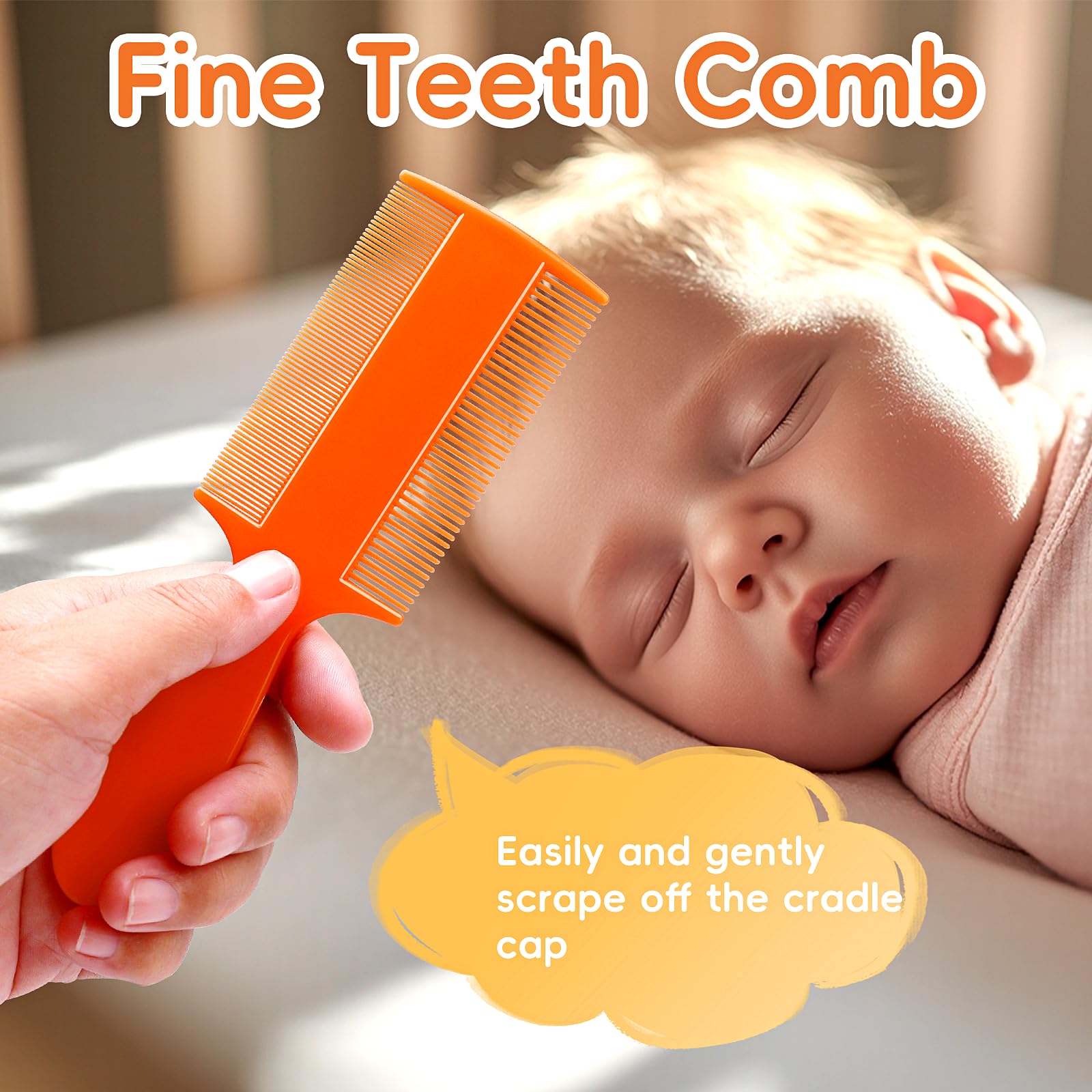 Cradle Cap Brush for Babies, Set of 5 Baby Bath Essentials with Bath Sponge Silicone Scrubber Long Handle Comb for Newborns Toddlers Boys Girls (Orange)