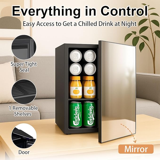 DOGHLY Compact Mini Fridge - 24 Cans/0.95 Cu.Ft Beverage Refrigerator with Mirrored Door & Digital Thermostat, Small Cosmetics Cooler for Skincare, Drinks, Food, Office, Dorm, Black