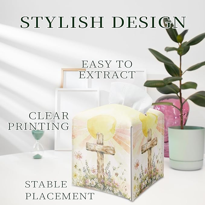 Cross and Wildflowers Tissue Box Cover Square, Religious Easter Waterproof Leather Tissue Box Holder, Cross Paper Facial Tissue Box Covers Cube for Officce Bathroom Home Prayer Room