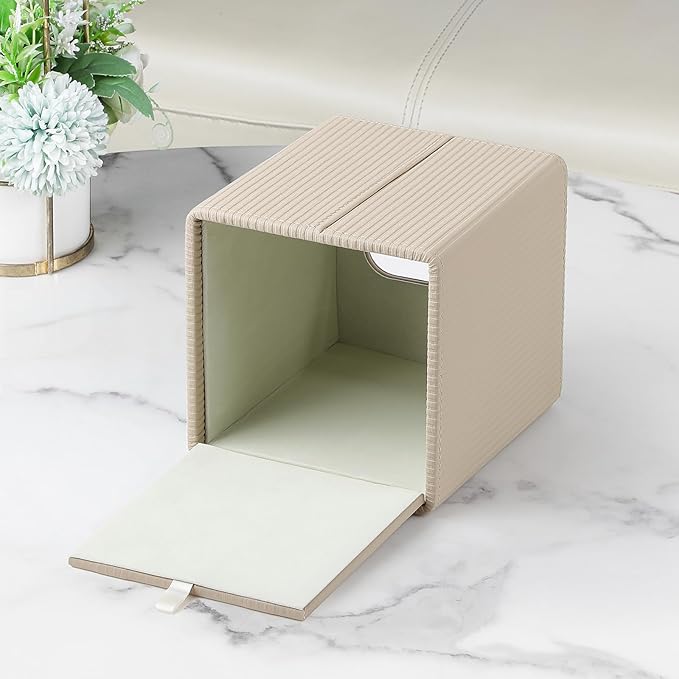 Tissue Box Cover Square with Magnetic Closure, PU Leather Tissue Box Holder for Bathroom NightStands Livingroom, Decorative Modern Square Tissue Holder (Beige)
