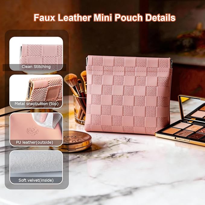 Muswelf 6 Pack 2 Sizes Small Makeup Pouches, Checkered Snap Closure Purse Pouches, PU Leather Coin Pouches, Sunglasses Case, Lipstick Case, Mini Travel Organizer for Women