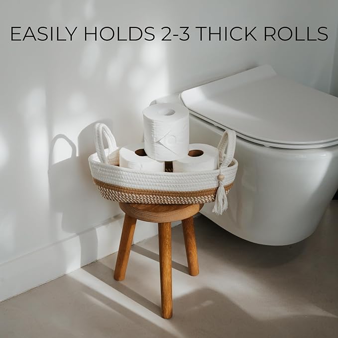 Decorative Toilet Paper Basket – Beautiful Bathroom Organizer for Toilet Tank Storage Decor – Boho Cotton Rope Bin with Tassel for Bathroom Accessories and as Shelf Decor