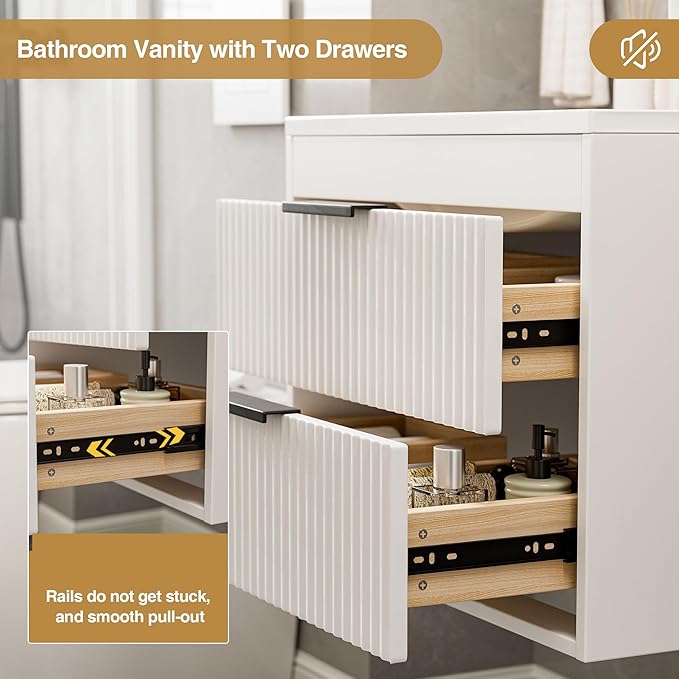24 Inches Modern MDF Bathroom Vanity with Sink, Wall Mounted Floating Cabinets w/Double Drawers, Black Handles, White Resin Sink Combo Set (White, 24")