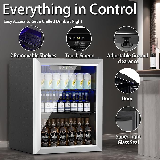 DOGHLY 1.7 Cu.ft Beverage Refrigerator Cooler, 72 Cans Mini Fridge with Glass Reversible Door, Digital Temperature Display for Soda, Beer or Wine For Office or Bar with Removable Shelves