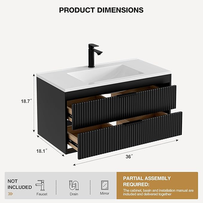 36 Inches Modern MDF Bathroom Vanity with Sink, Wall Mounted Floating Cabinets w/Double Drawers, Black Handles, White Resin Sink Combo Set (Black, 36")