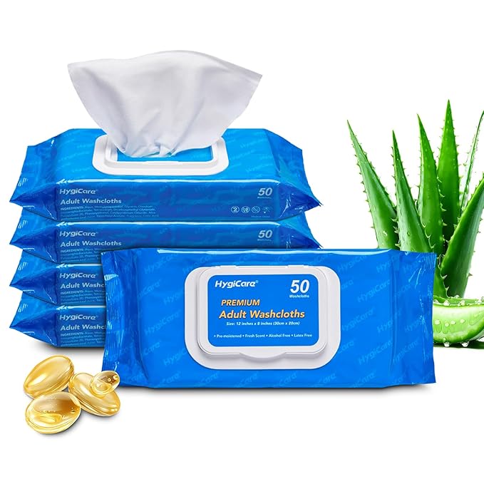 HygiCare Adult Washcloths Body Wipes 250 Count Fresh Scent 12"x8" Flip Top, Strong Yet Soft, Perfect for Incontinence Cleansing, Clinic, Nursing Home, Hospital, Camping, Travel, Gym