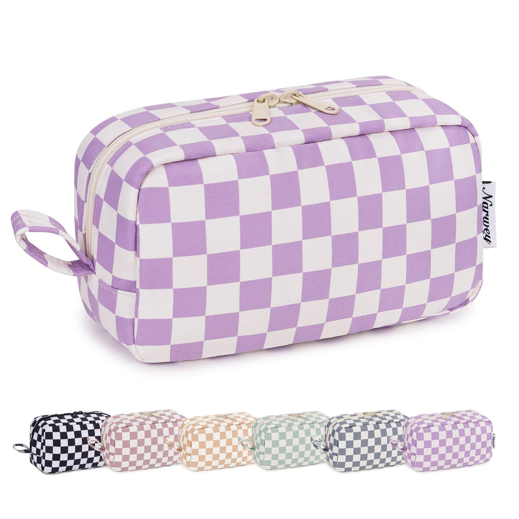 Narwey Checkered Makeup Bag Travel Cosmetic Bag Organizer Small Toiletry Bag Make Up Bags with Organized Pockets for Women (Purple Checkerboard, Large)
