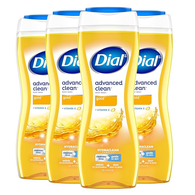 Dial Body Wash, Hydraclean Complex & Vitamin E, Gentle, Leaves Skin Feeling Nourished, Dermatologist-Tested, No Parabens & Sulfates, Advanced Clean, Gold, 16 Fl Oz, (Pack of 4)