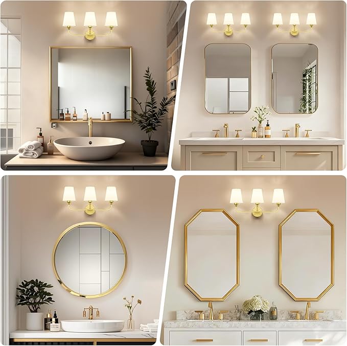 Bathroom Vanity Light, Brushed Gold Bathroom Light Fixtures, 3-Light Lighting Fixtures Over Mirror, Modern Wall Sconce with Flared White Fabric Shade, E26 Socket(ETL Listed)