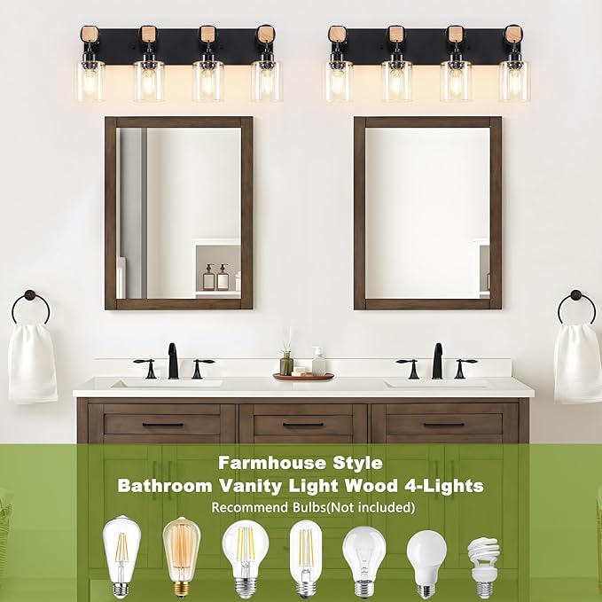 Licperron 4-Lights Farmhouse Vanity Lights for Bathroom, Matte Black Bathroom Light Fixtures with Clear Glass Shade, Rustic Wood Wall Lighting Fixtures Over Mirror for Bedroom, Living Room, Hallway