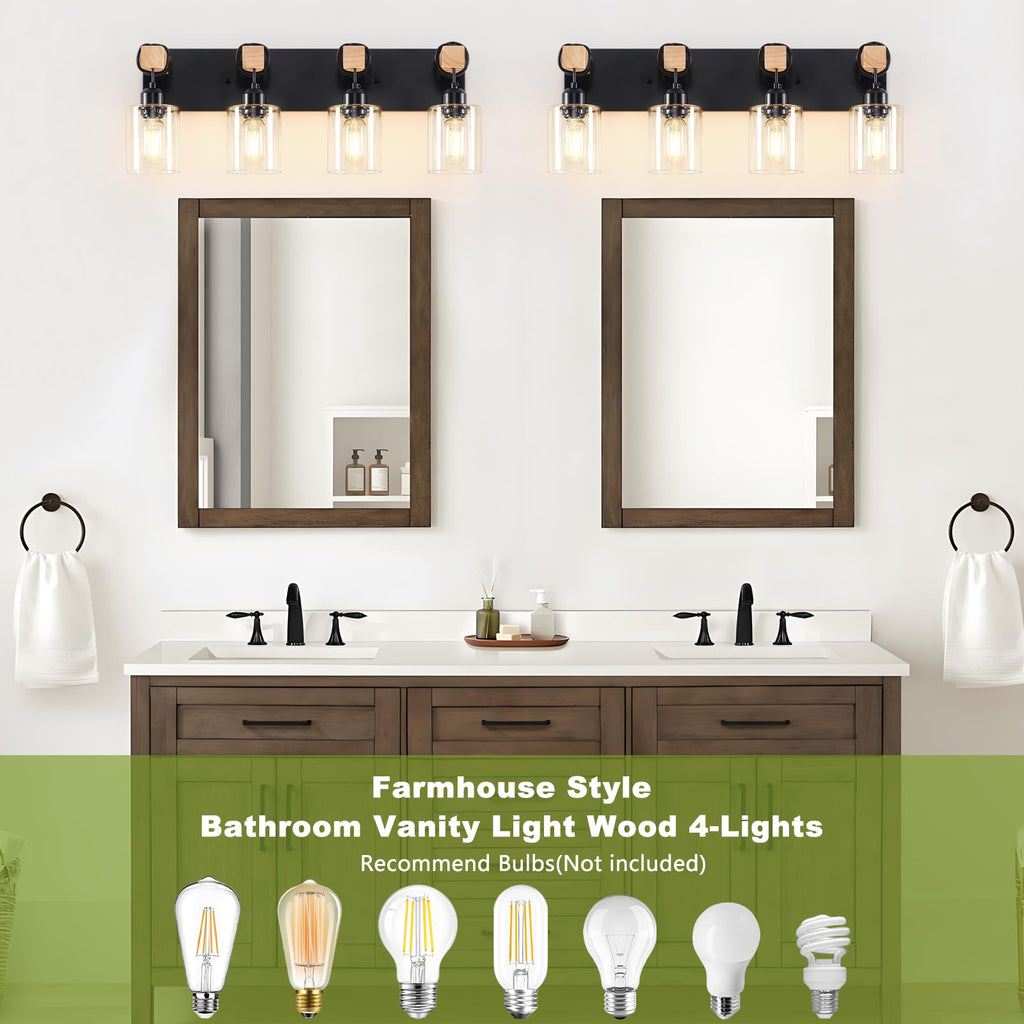 Licperron 4-Lights Farmhouse Vanity Lights for Bathroom, Matte Black Bathroom Light Fixtures with Clear Glass Shade, Rustic Wood Wall Lighting Fixtures Over Mirror for Bedroom, Living Room, Hallway