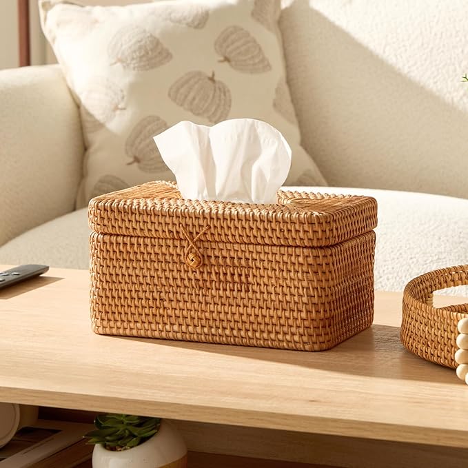 Rattan Rectangular Tissue Box Cover, 10.8" x 6.7" x 5.5", Decorative Woven Facial Tissue Holder with Hinged Top Lid, Fits Up to 180 Sheets, Natural Color