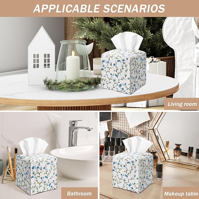 Dasiy and Blue Floral Tissue Box Cover Square with Bottom Belt, Leather Waterproof Tissue Holder Facial Paper Case for Tabletop Home Office Bathroom Car Decor -01
