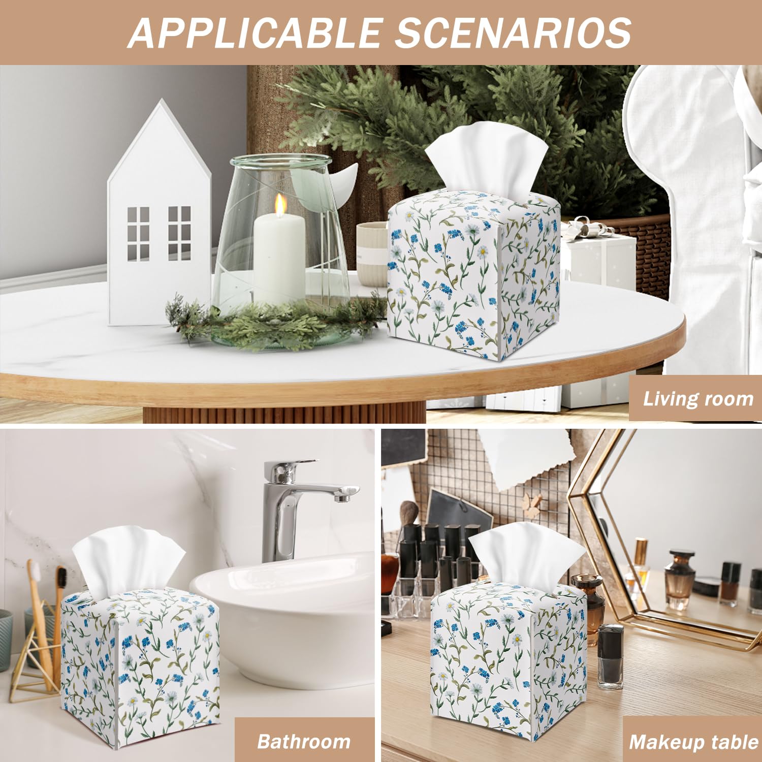 Dasiy and Blue Floral Tissue Box Cover Square with Bottom Belt, Leather Waterproof Tissue Holder Facial Paper Case for Tabletop Home Office Bathroom Car Decor -01