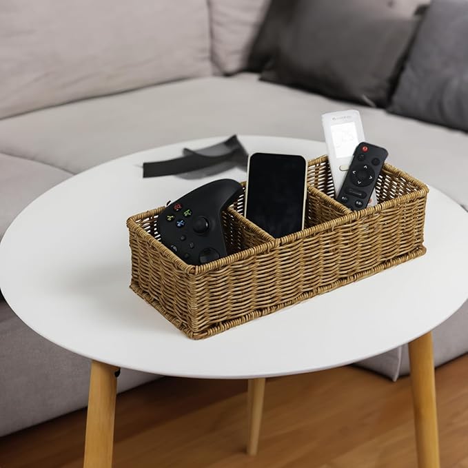 Waterproof Wicker Bathroom Basket with 3 Compartments, Light Brown