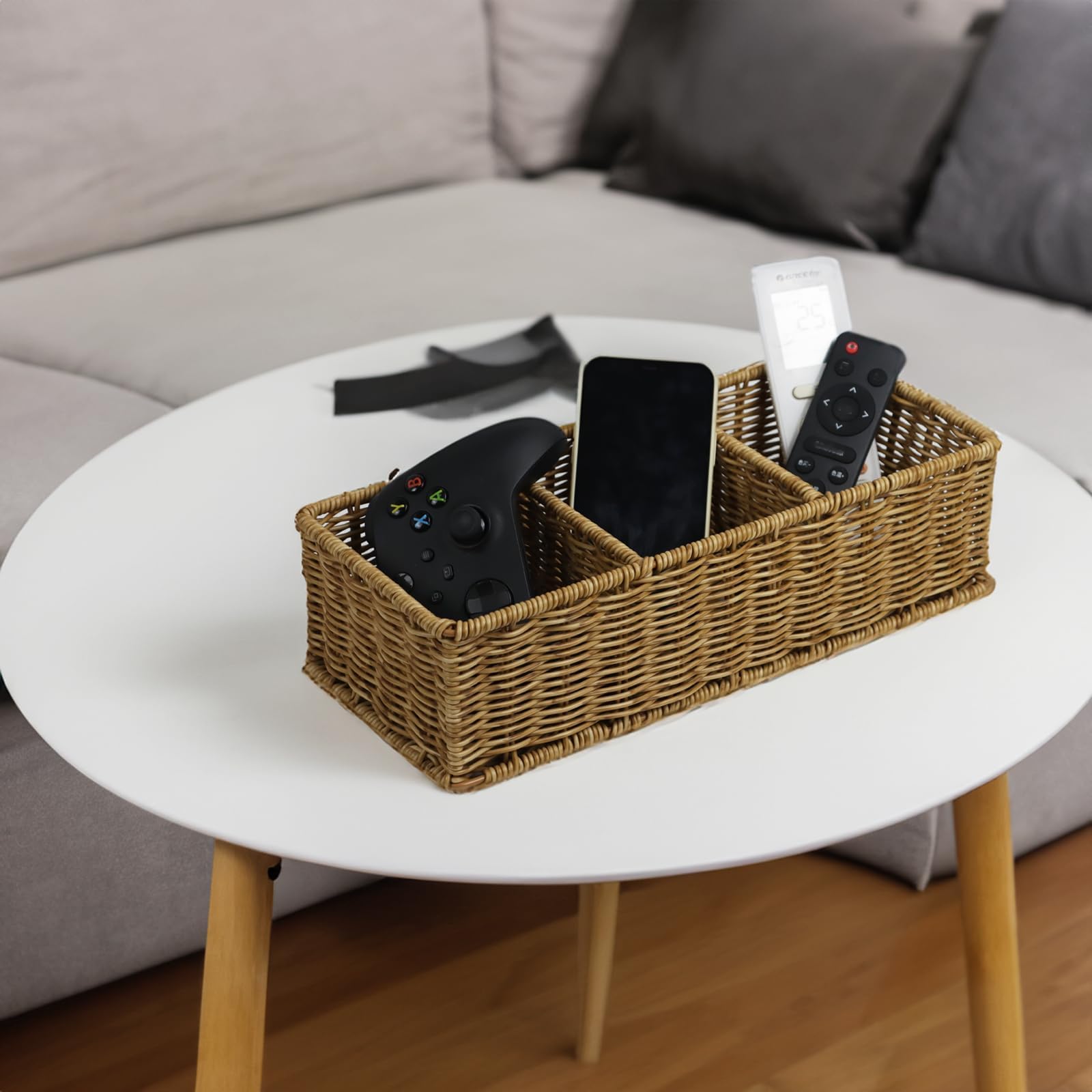 Waterproof Wicker Bathroom Basket with 3 Compartments, Light Brown