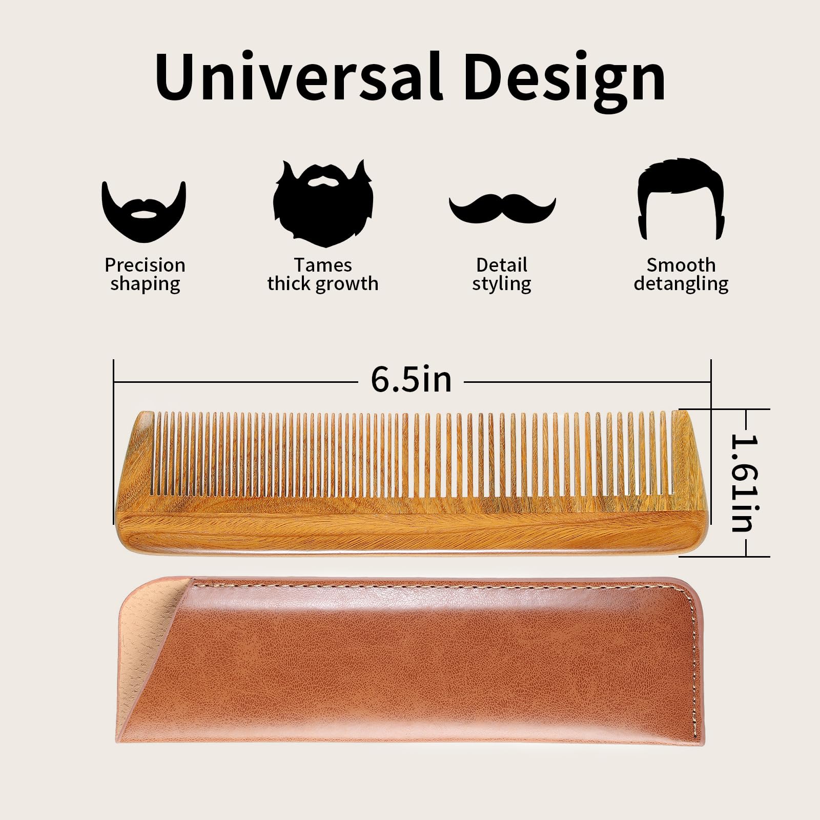 Onedor Handmade 100% Natural Green Sandalwood Wooden Comb for Men Hair, Beard, and Mustache Styling Pocket Comb With Leather Case (Long)