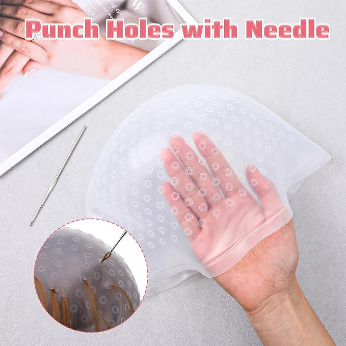 MBAIYO Punched Silicone Highlight Hair Cap with Needle, Professional Reusable Highlighting Poked Hole Cap for Color Hair Salon Hairdressing Dyeing Staining Tools for Women and Men (White)