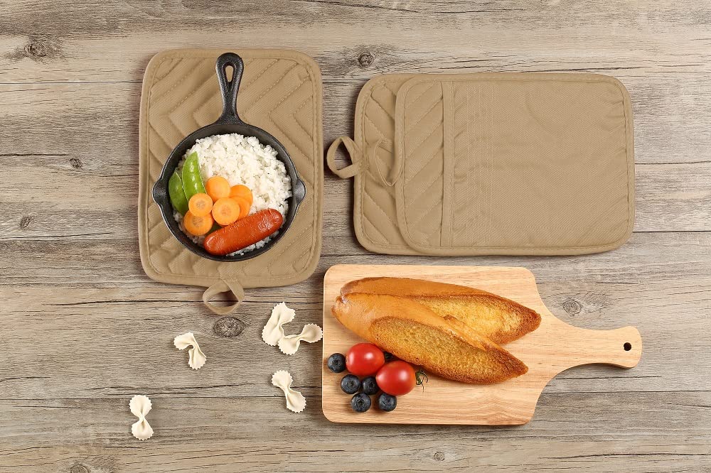 VEIKERY Oven Pot Holder with Pocket Cotton Heat Resistant Coaster Potholder Kitchen Hot Pad Oven Mitts for Cooking Square 7"x9"Set of 5 (Khaki)