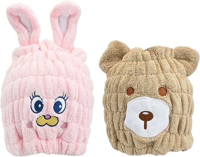 Ksheria 2 PCS Microfiber Hair Towel Wrap for Kids, Girls & Women,Cute Unicorn and White Rabbit Dry Hair Cap - Super Absorbent Quick Drying, Lightweight Turban Towel for Wet Hair (Brown) (Color A)