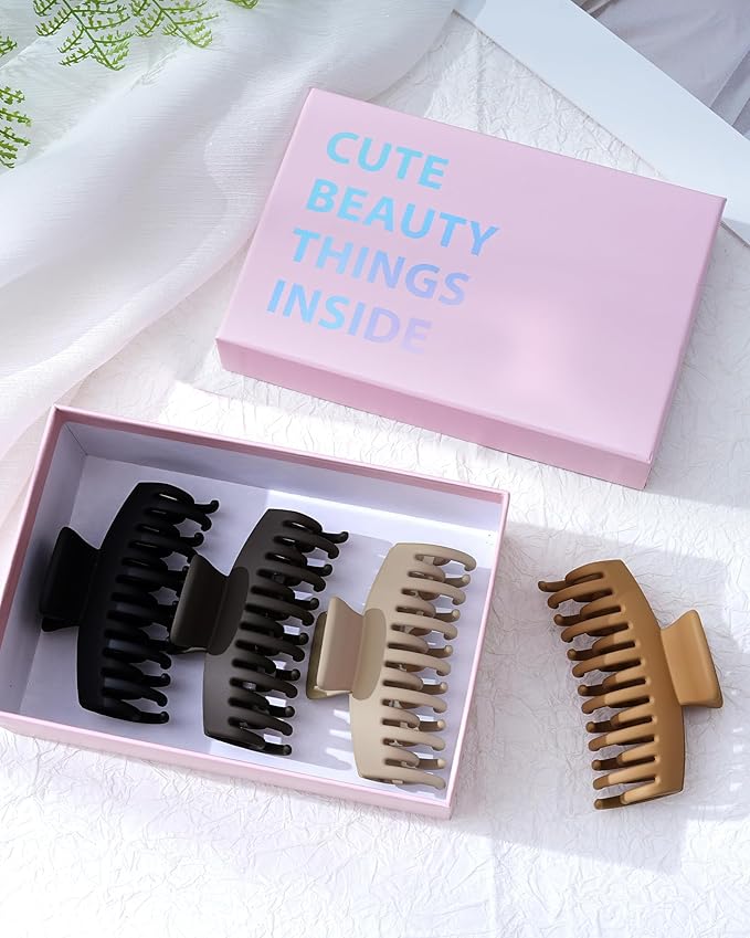 Mesovor 4 Pack Double Row Teeth Hair Claw Clips, 3.5" Large Strong Hold Matte Hair Clips for Thin and Short Fine Hair Accessories (Neutral Matte)