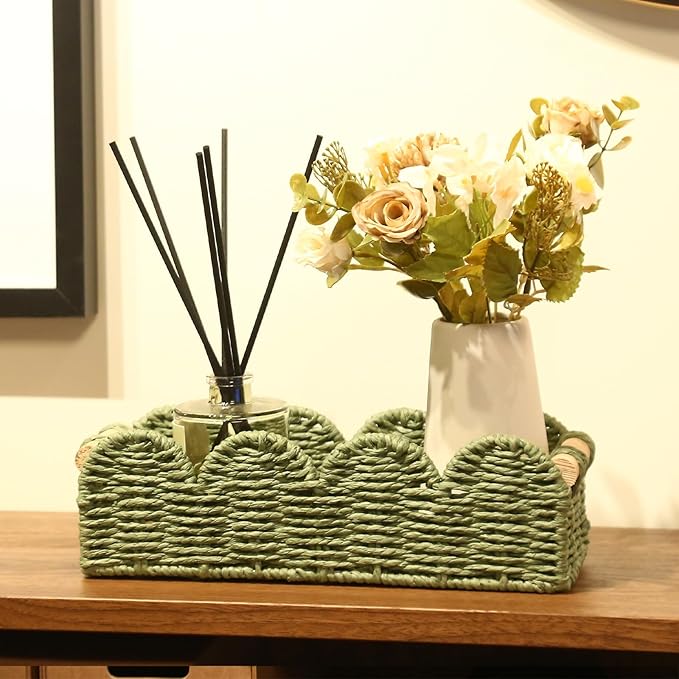 Paper Rope Storage Basket Set of 2 with Wooden Handles - Scalloped Toilet Paper Organizer, Cute & Functional Home Decor for Bathroom or Living Room (Green)