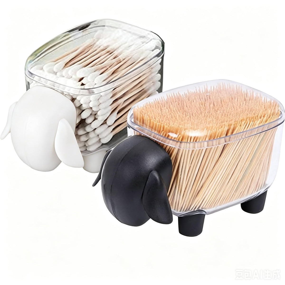 Sounxun 2-Pack Sheep Acrylic Cotton Ball & Qtip Dispenser with Lid | Adorable Sheep-Shaped Vanity Organizer Canisters for Bathroom Countertops | Stylish Black/White Set - Gift