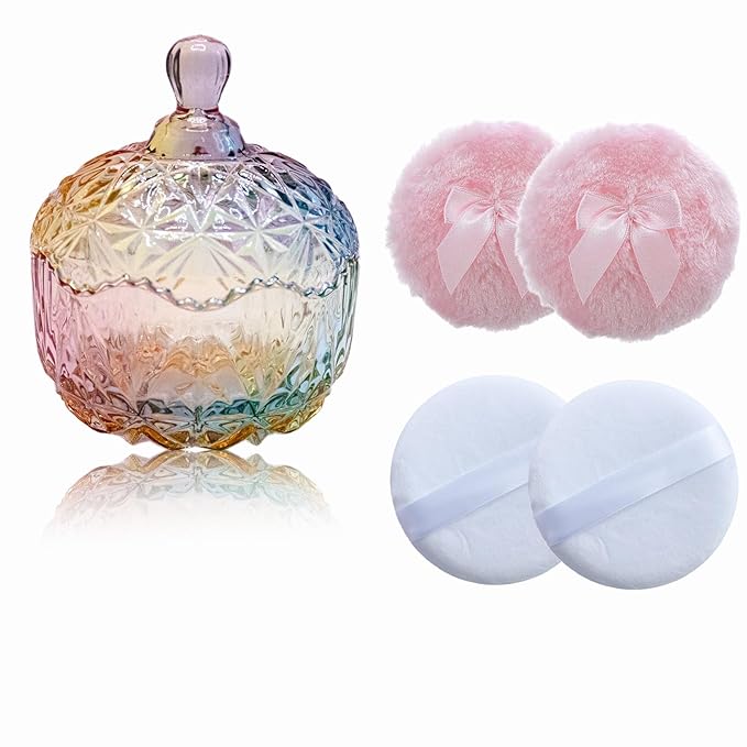 Qopoto 5 Pieces Large Body Powder Puff and Powder Container, Crystal Case for Dust Puff, Powder applicator with Box for Face and Body (Color, Crown)