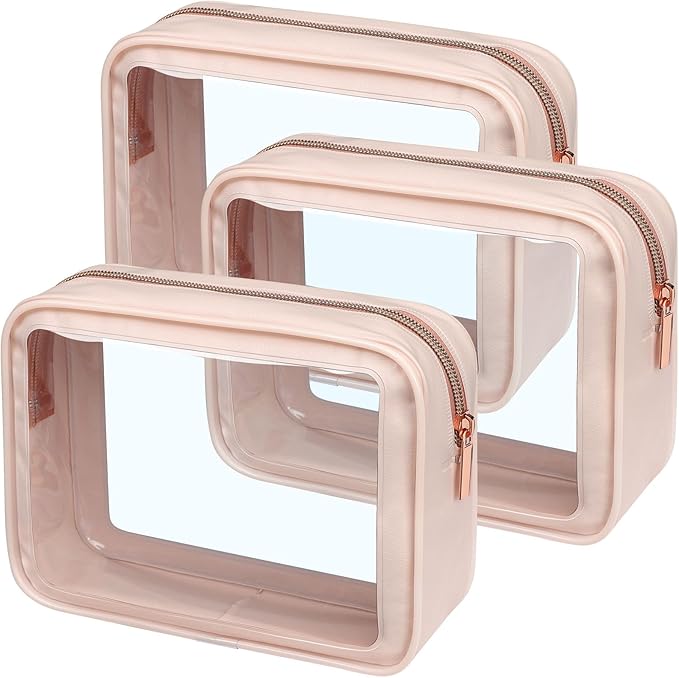PACKISM Clear Makeup Bag Travel - 3 Pack TSA Approved Toiletry Bag, Pink