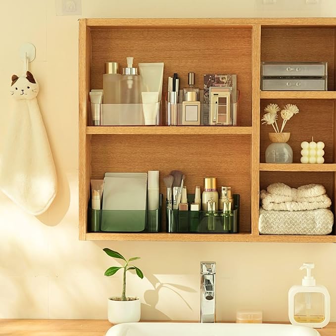 Makeup Tray Holder Organizer Cosmetic Display Case Tabletop Desktop Vanity Countertop Bathroom Wall Cabinet Medicine Storage Box 9 Dividers 2 Removable Women Ladies Girls Gifts Crystal Green 1 PACK