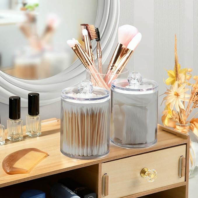 Grey Qtip Holder Organizer Dispenser Cotton Swabs Cans Plastic Jars with Lid Set 2 Pack Bathroom Storage Canister for Cotton Ball Floss Cotton Pads